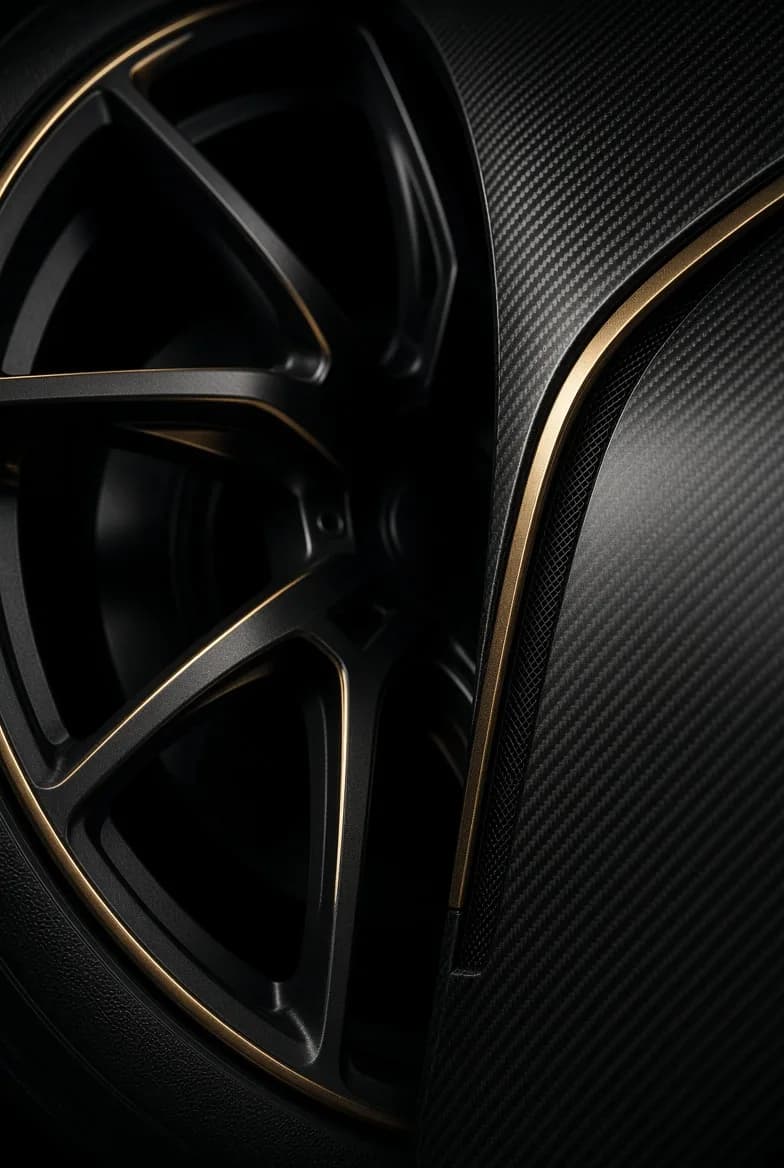 Abstract material study of a luxury car wheel and carbon fiber detail