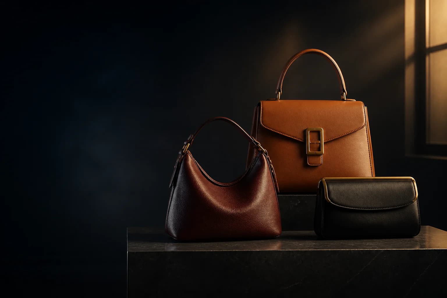 Editorial still life of three original, unbranded luxury handbags in a dark studio