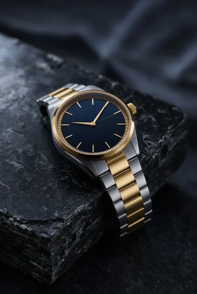 Editorial material study of a luxury watch on dark stone