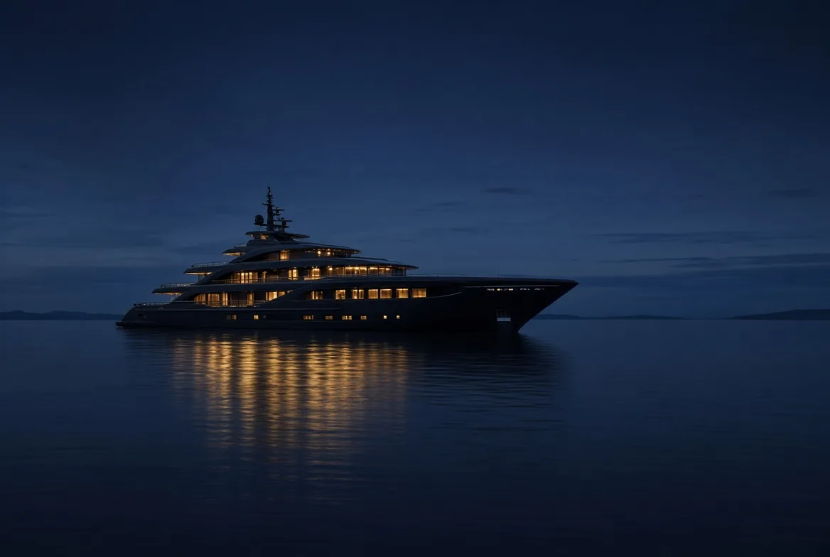 Blue hour silhouette of a modern superyacht at anchor