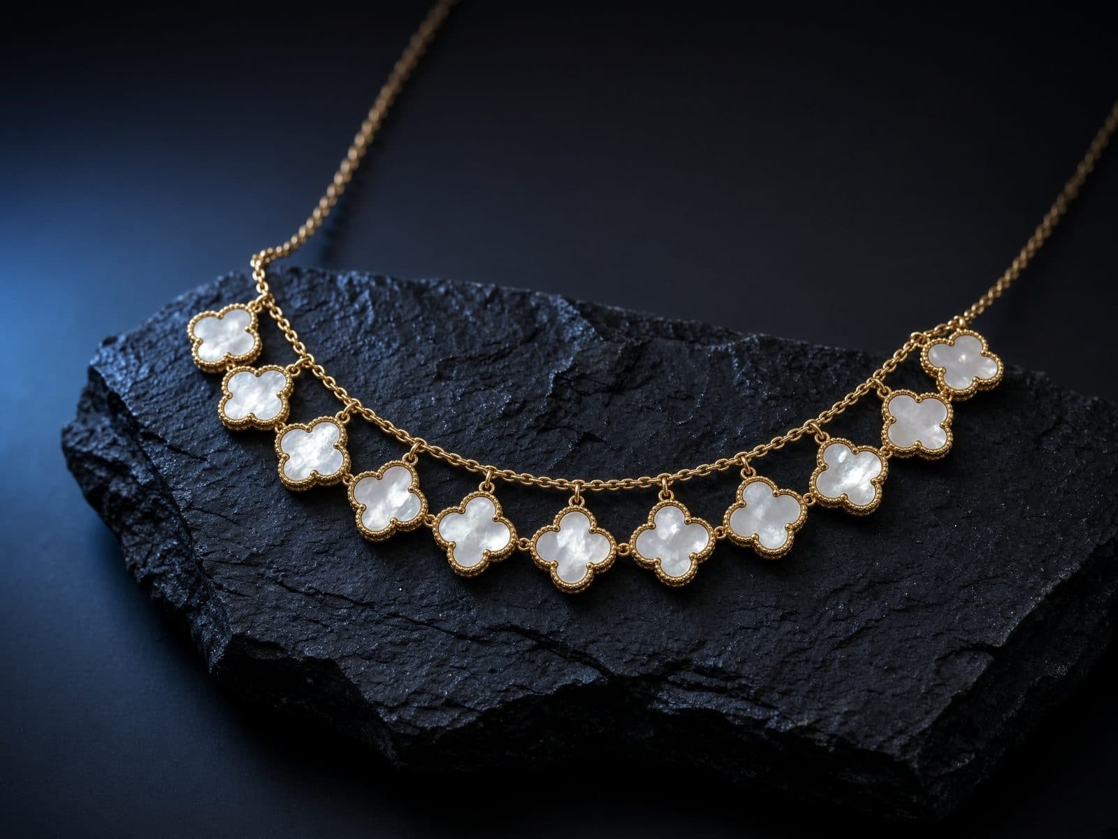 AI-generated catalog study of the Van Cleef & Arpels Vintage Alhambra Necklace